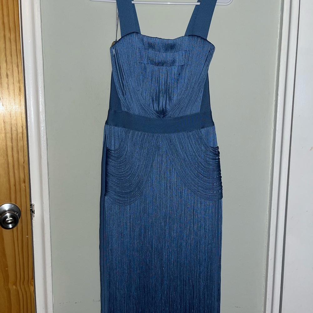 Herve Leger Draped Fringe Blue Dress